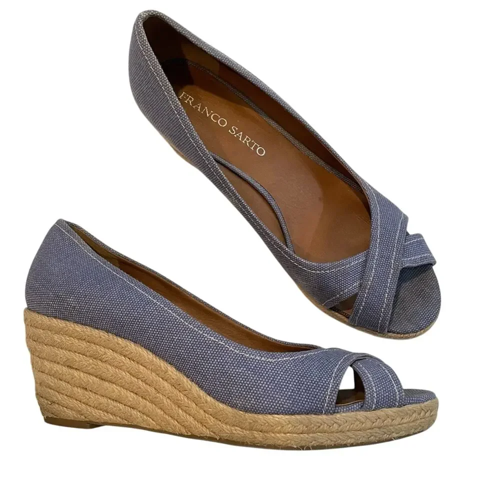 Franco Sarto Blue Peep Toe Espadrille Sandal Wedges Cheria Womens 9 Beachy